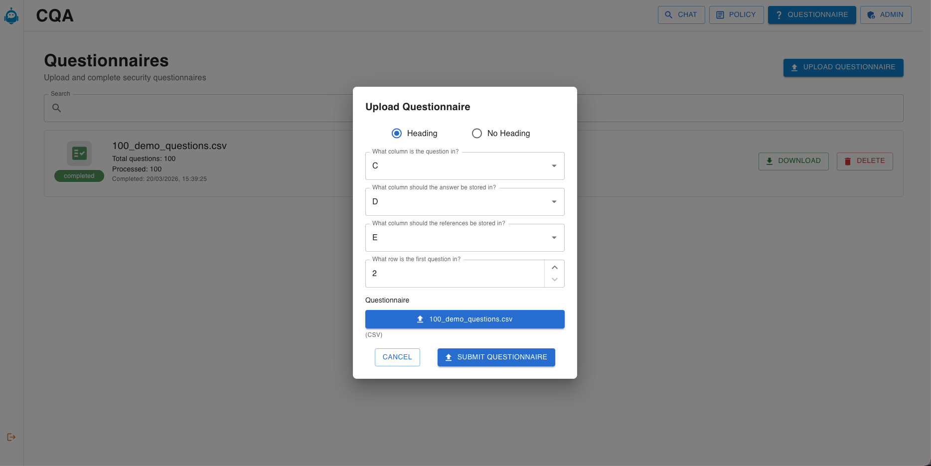 Questionnaire Upload